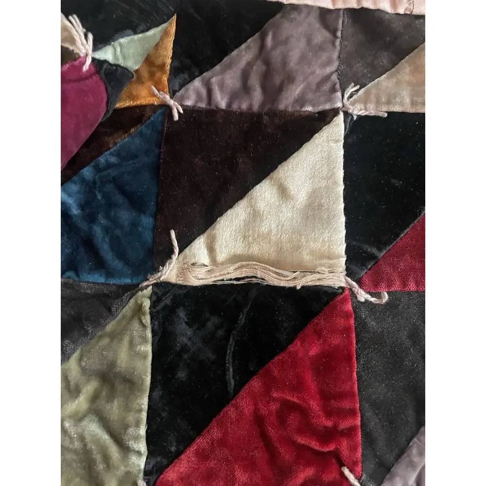 Vintage 70s Velvet Patchwork Hippie Boho Quilt Bedspread Blanket Full Sz 86”x82”